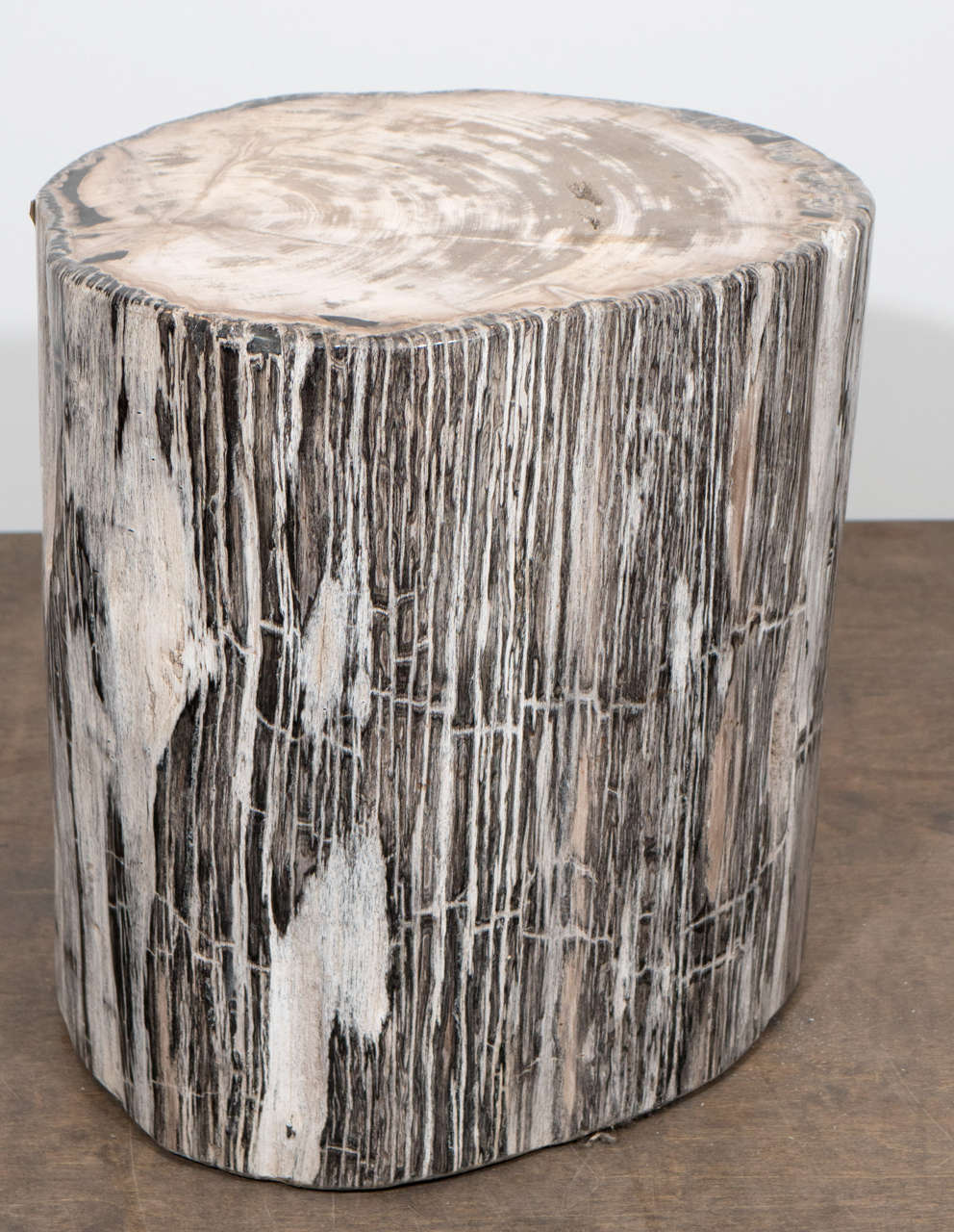 High quality petrified wood side table. Petrified wood is a fossil. It forms when plant material is buried by sediment and protected from decay by oxygen and organisms. Then, groundwater rich in dissolved solids flows through the sediment replacing