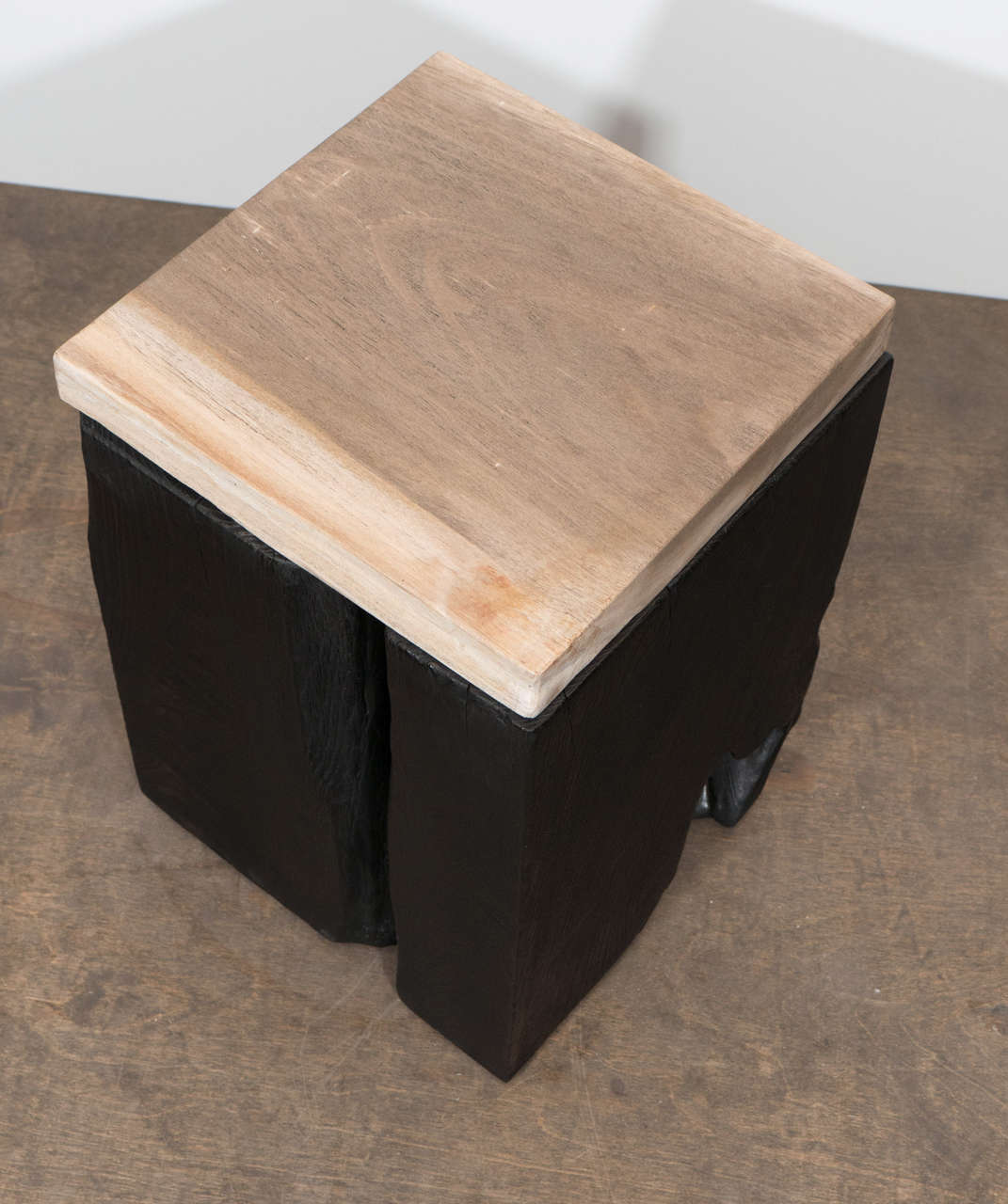 Organic Modern  Andrianna Shamaris Triple Burnt Teak Wood Side Table with Petrified Wood Top