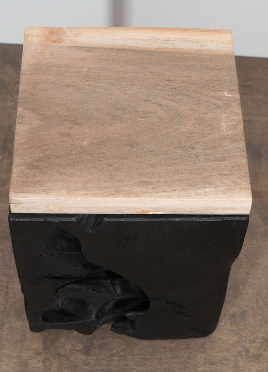  Andrianna Shamaris Triple Burnt Teak Wood Side Table with Petrified Wood Top In Excellent Condition In New York, NY