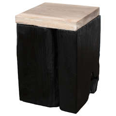 Triple Burnt Teak Wood Side Table with Petrified Wood Top 6