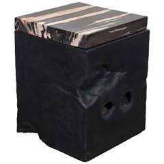 Triple Burnt Teak Wood Side Table with Petrified Wood Top 5