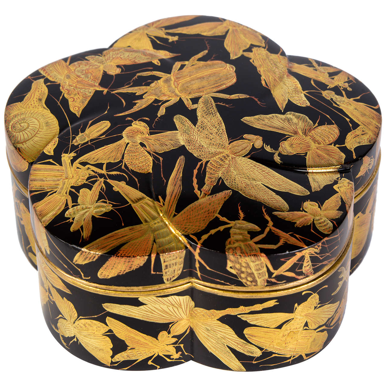 Edo Kobako Black and Gold Japanese Lacquer with Insects and Snails Decor