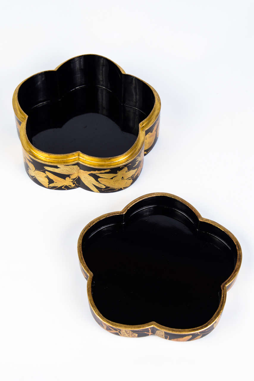 Early 19th Century Edo Kobako Black and Gold Japanese Lacquer with Insects and Snails Decor