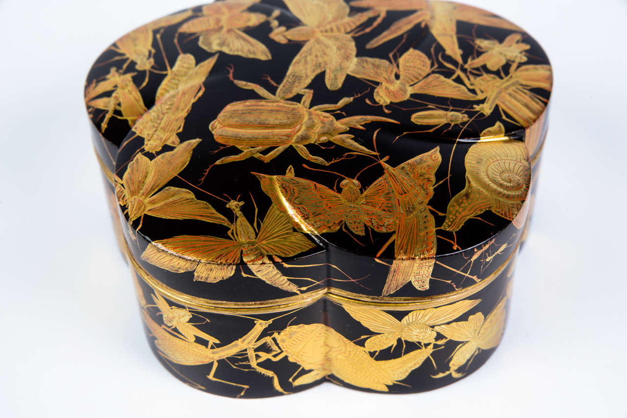Edo Kobako Black and Gold Japanese Lacquer with Insects and Snails Decor 5