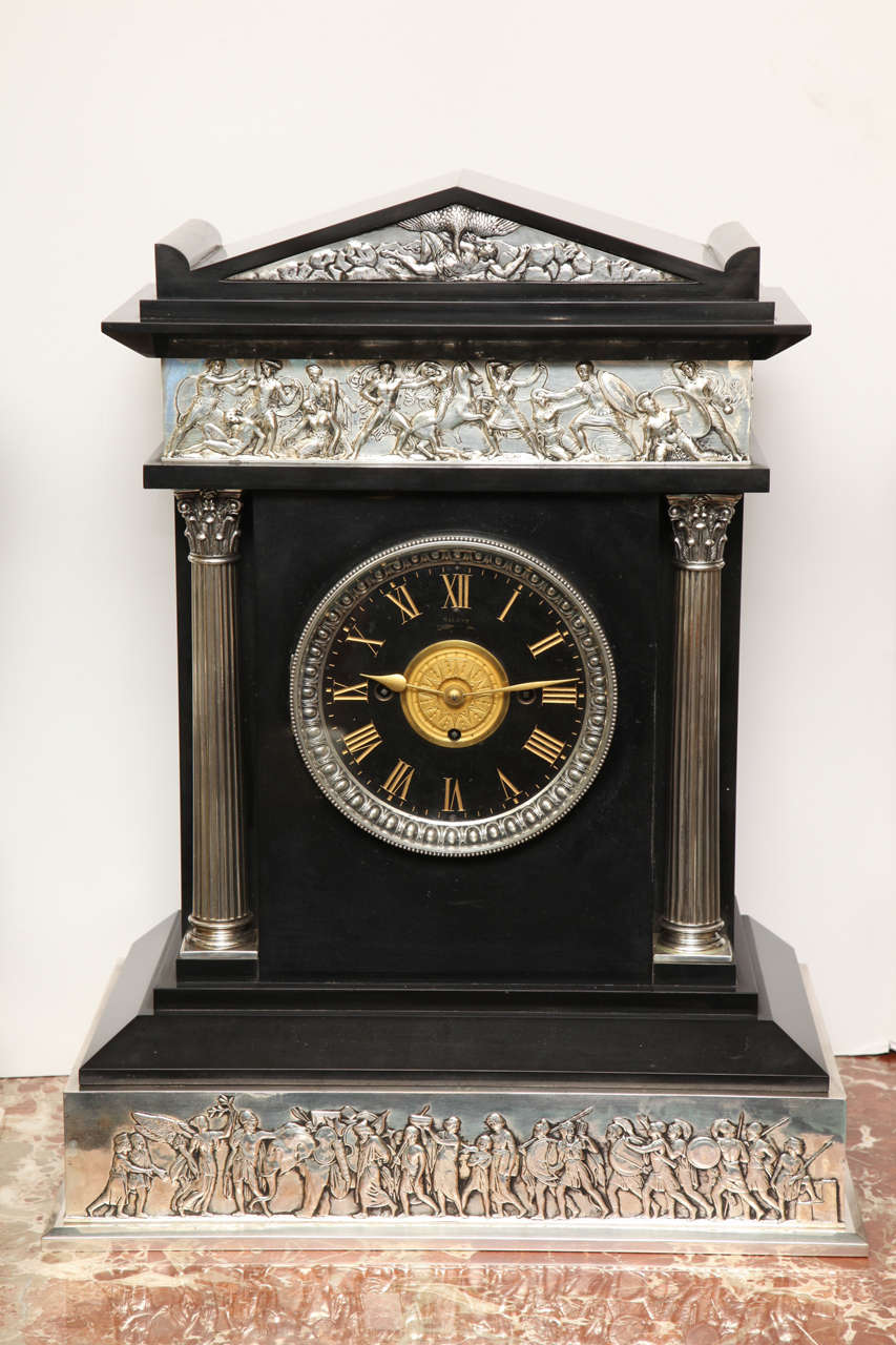 Neoclassical Three-Piece Silvered Bronze and Black Marble Clock Set In Good Condition In New York, NY