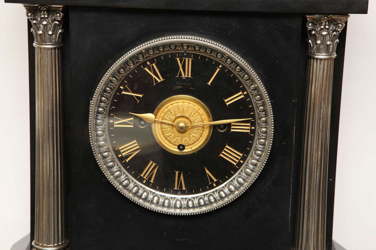 19th Century Neoclassical Three-Piece Silvered Bronze and Black Marble Clock Set