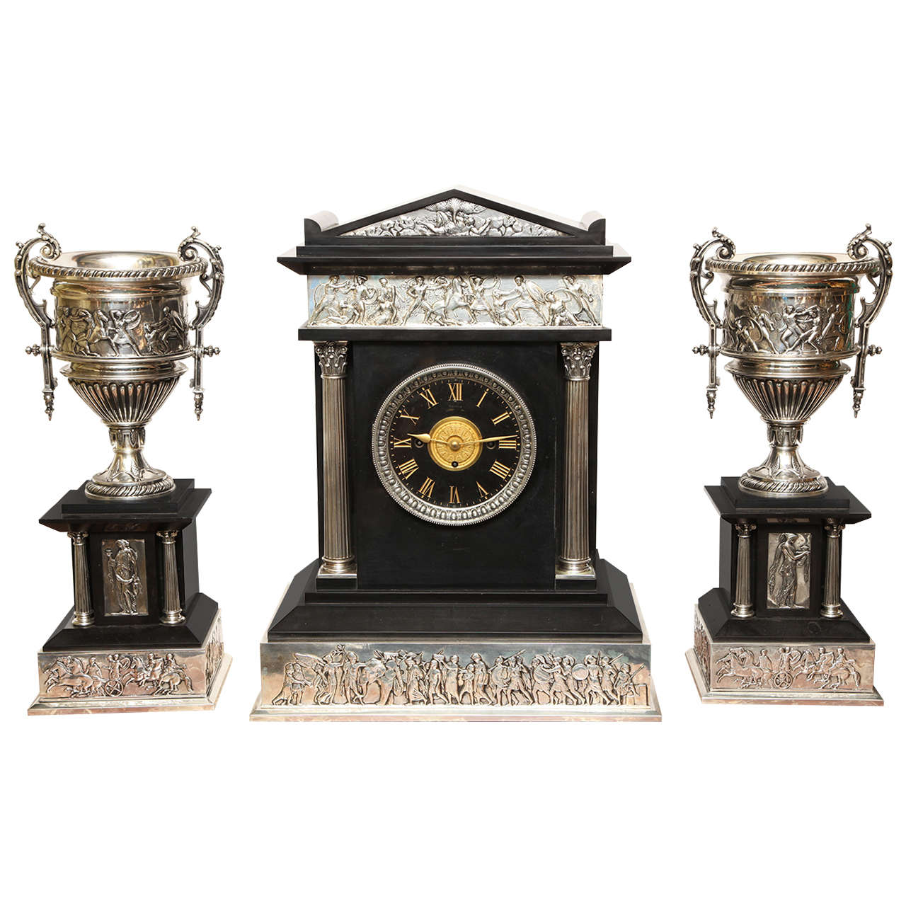 Neoclassical Three-Piece Silvered Bronze and Black Marble Clock Set