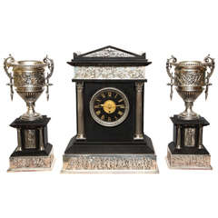 Neoclassical Three-Piece Silvered Bronze and Black Marble Clock Set