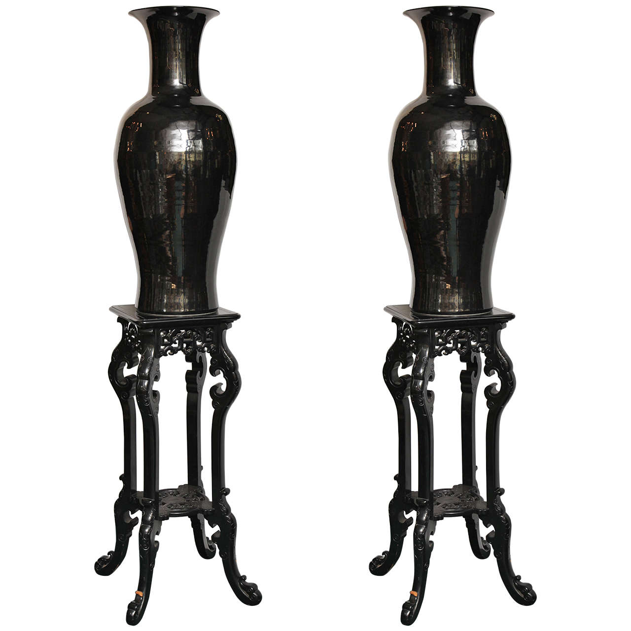 Pair of Decorative Black Chinese Style Porcelain Vases on Lacquered Pedestals
