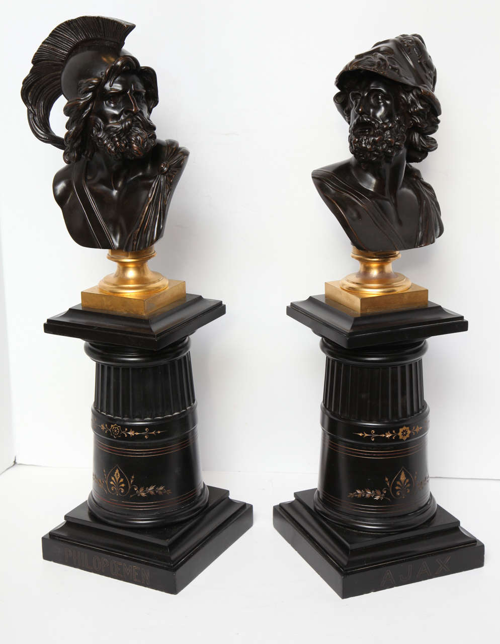 Pair of Neoclassical Bronze Busts on Black Slate Marble Pedestals