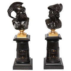 Pair of Neoclassical Bronze Busts on Black Slate Marble Pedestals