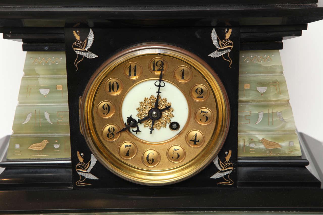 Bronze Victorian Three-Piece Egyptian Revival Clock Set