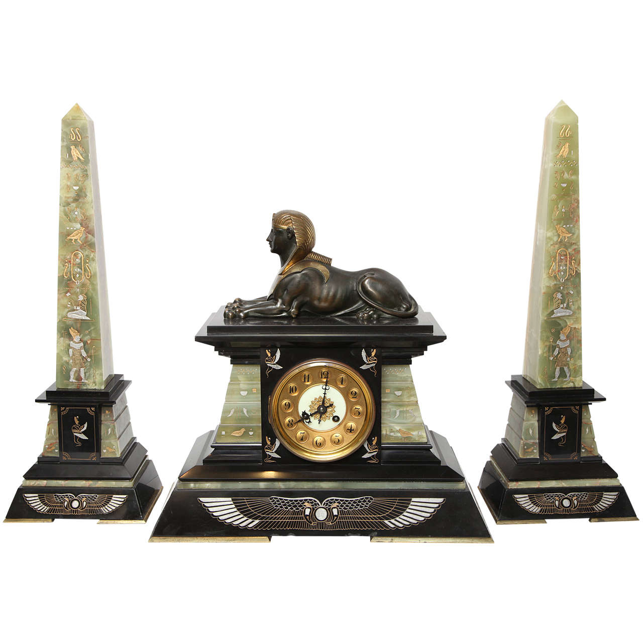 Victorian Three-Piece Egyptian Revival Clock Set