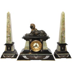 Antique Victorian Three-Piece Egyptian Revival Clock Set