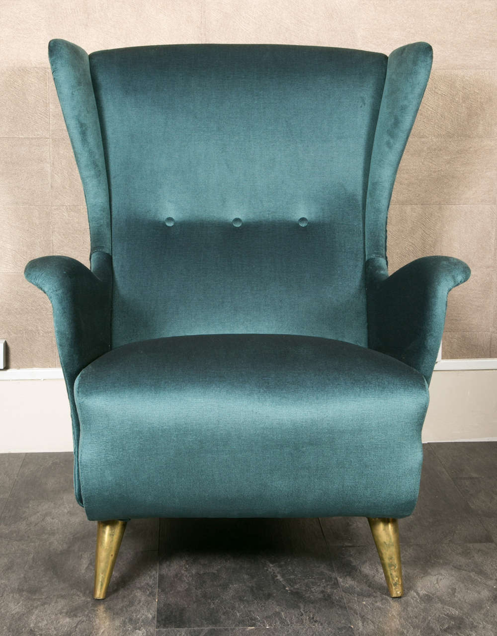 Very elegant Paolo Buffa model with large headrests and shaped guilt metal feet. 
Newly velvet upholstered.
Italy 1955