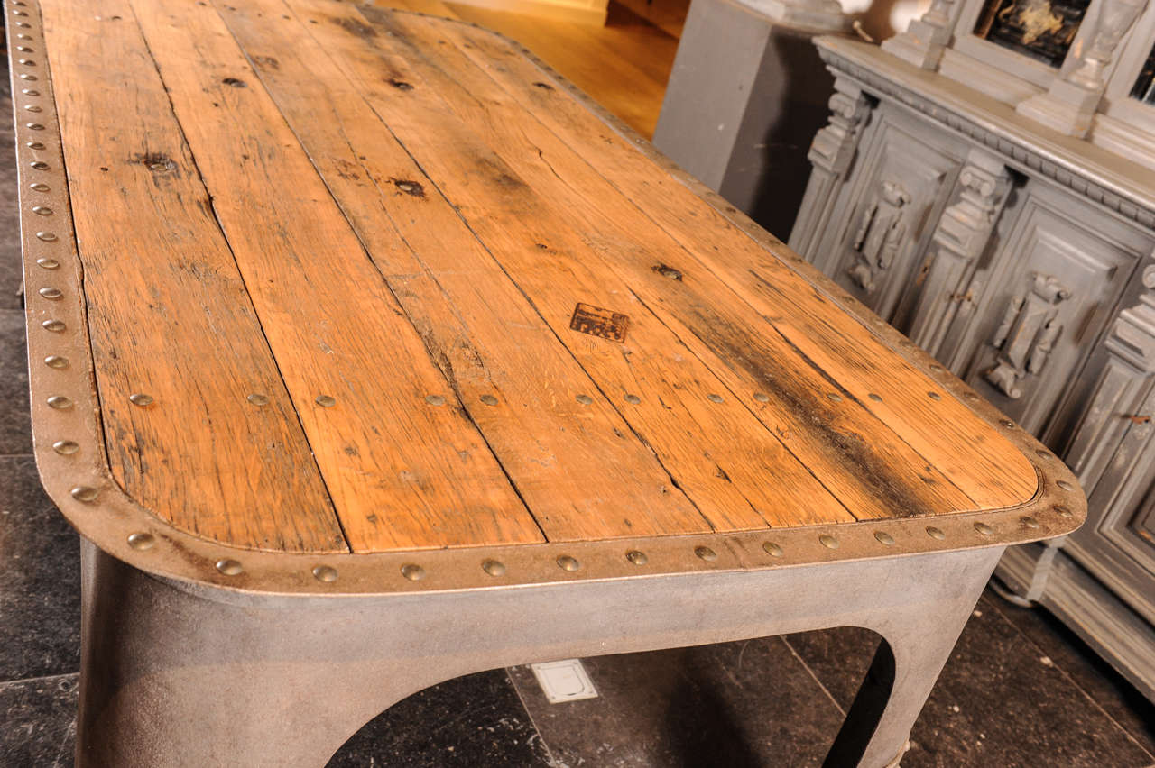 Large French Industrial Weathered Riveted Steel and Oak Table, Machine Age 2