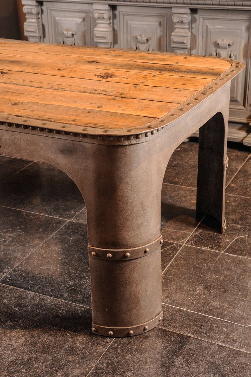 Large French Industrial Weathered Riveted Steel and Oak Table, Machine Age 3