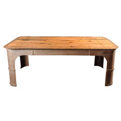 Large French Industrial Weathered Riveted Steel and Oak Table, Machine Age