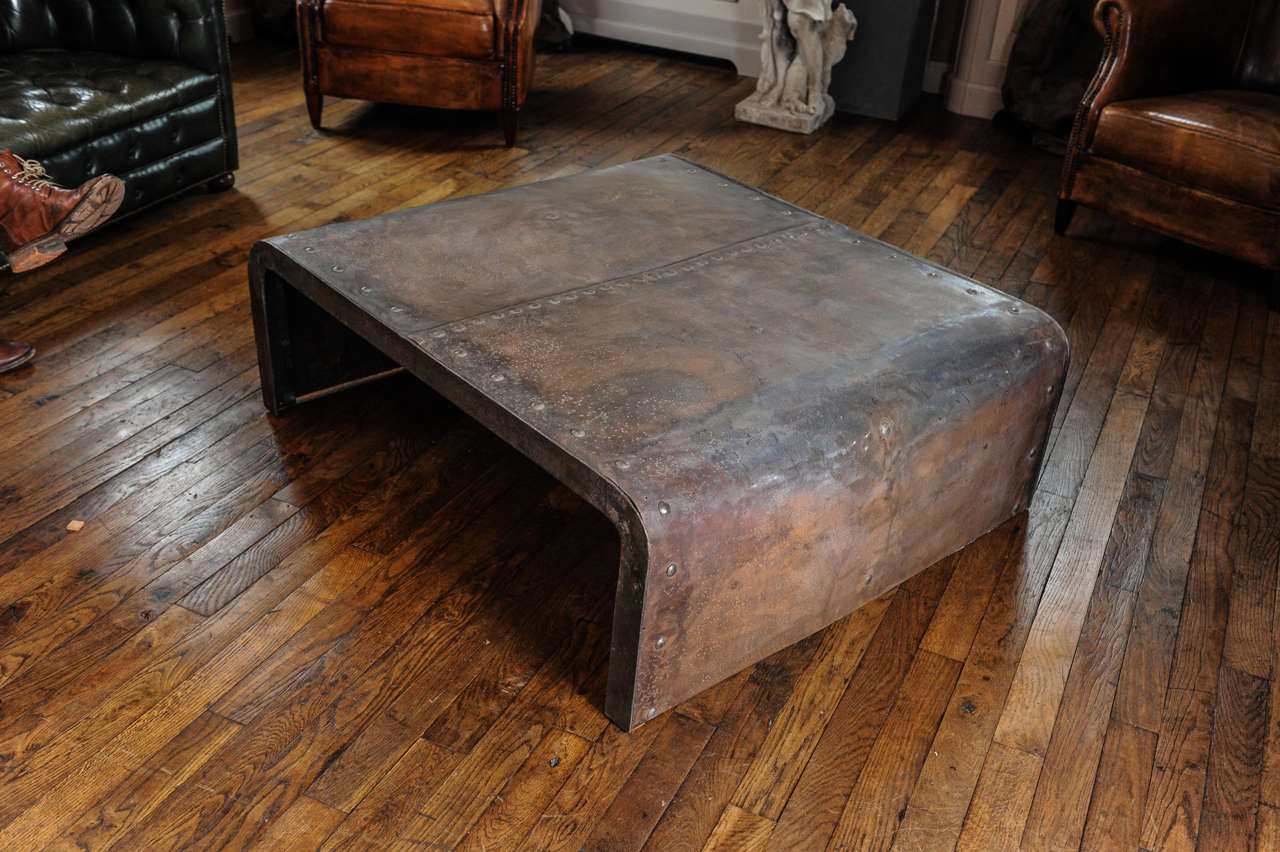 20th Century French Industrial Polished Weathered Riveted Steel Coffee or Center Table