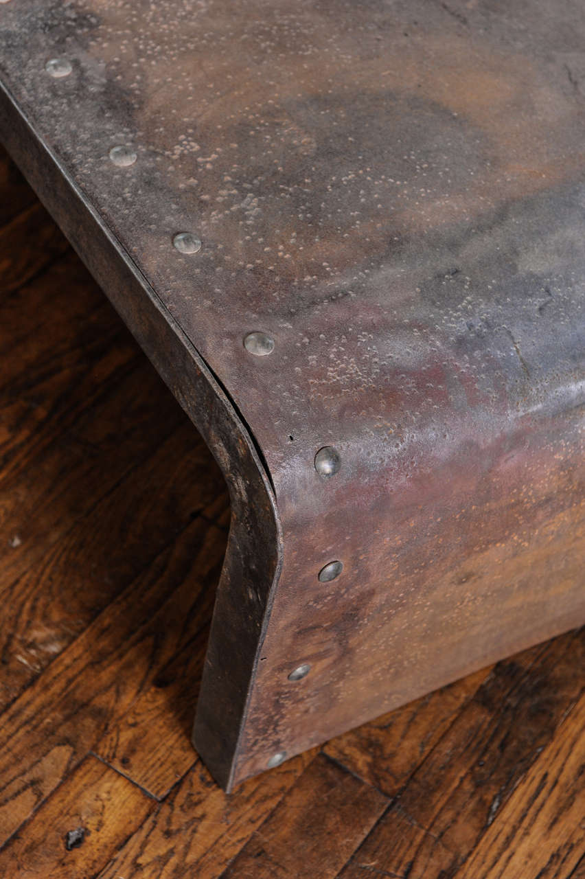 French Industrial Polished Weathered Riveted Steel Coffee or Center Table 2