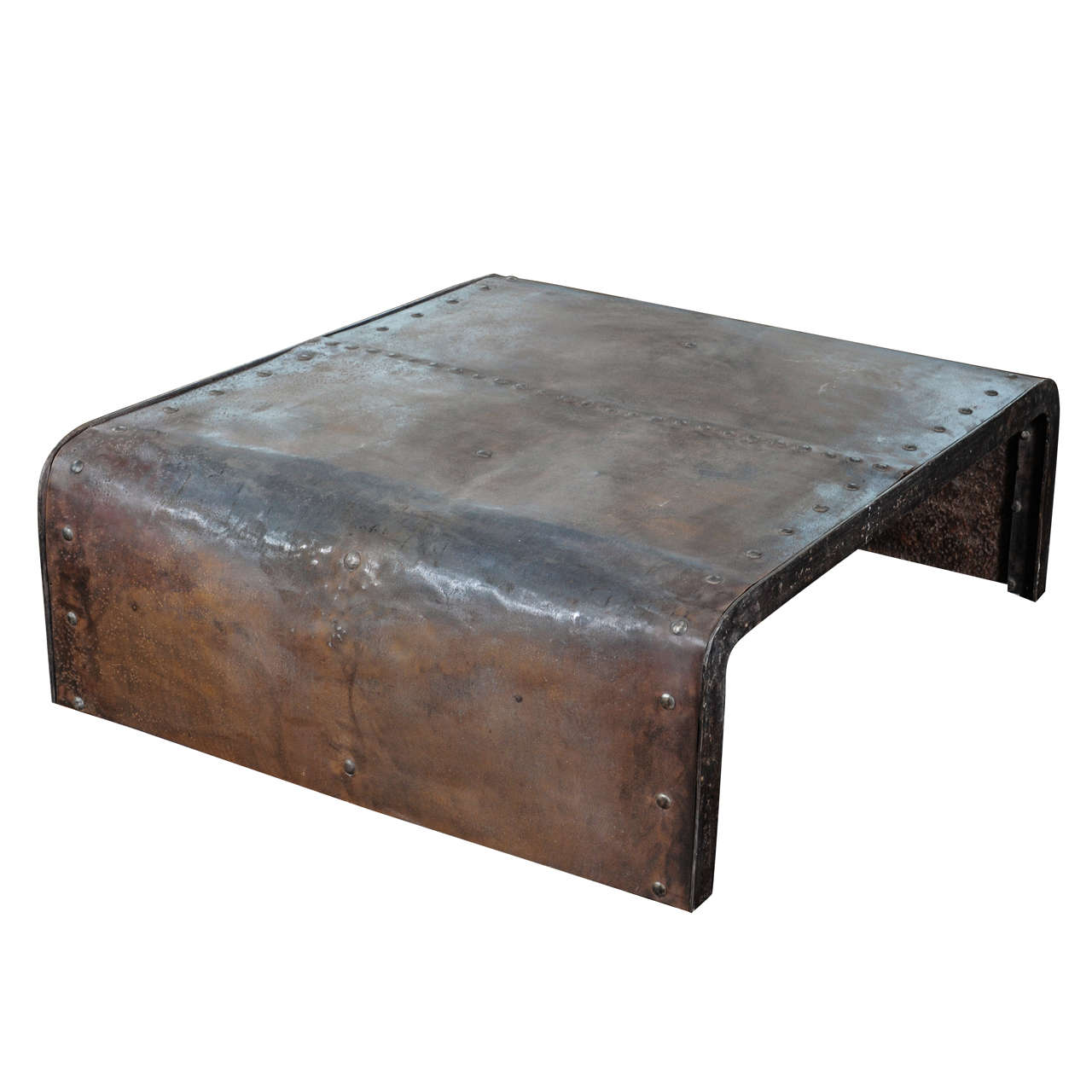 French Industrial Polished Weathered Riveted Steel Coffee or Center Table