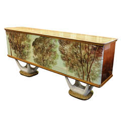 Unusual 1960s French Hand-Painted Wooden Sideboard, Decorated with Trees