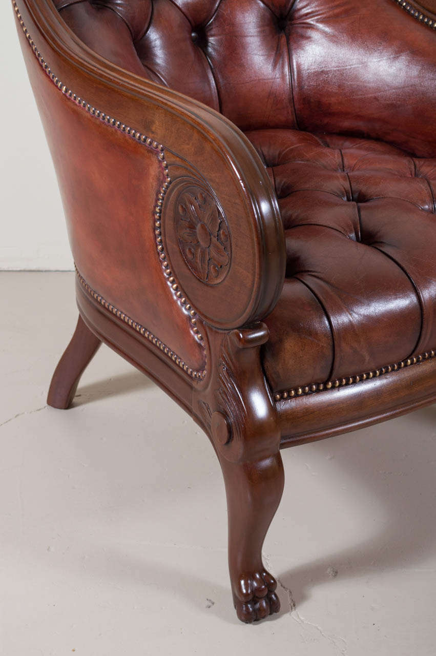 French Pair of Tufted Leather Empire Style Armchairs