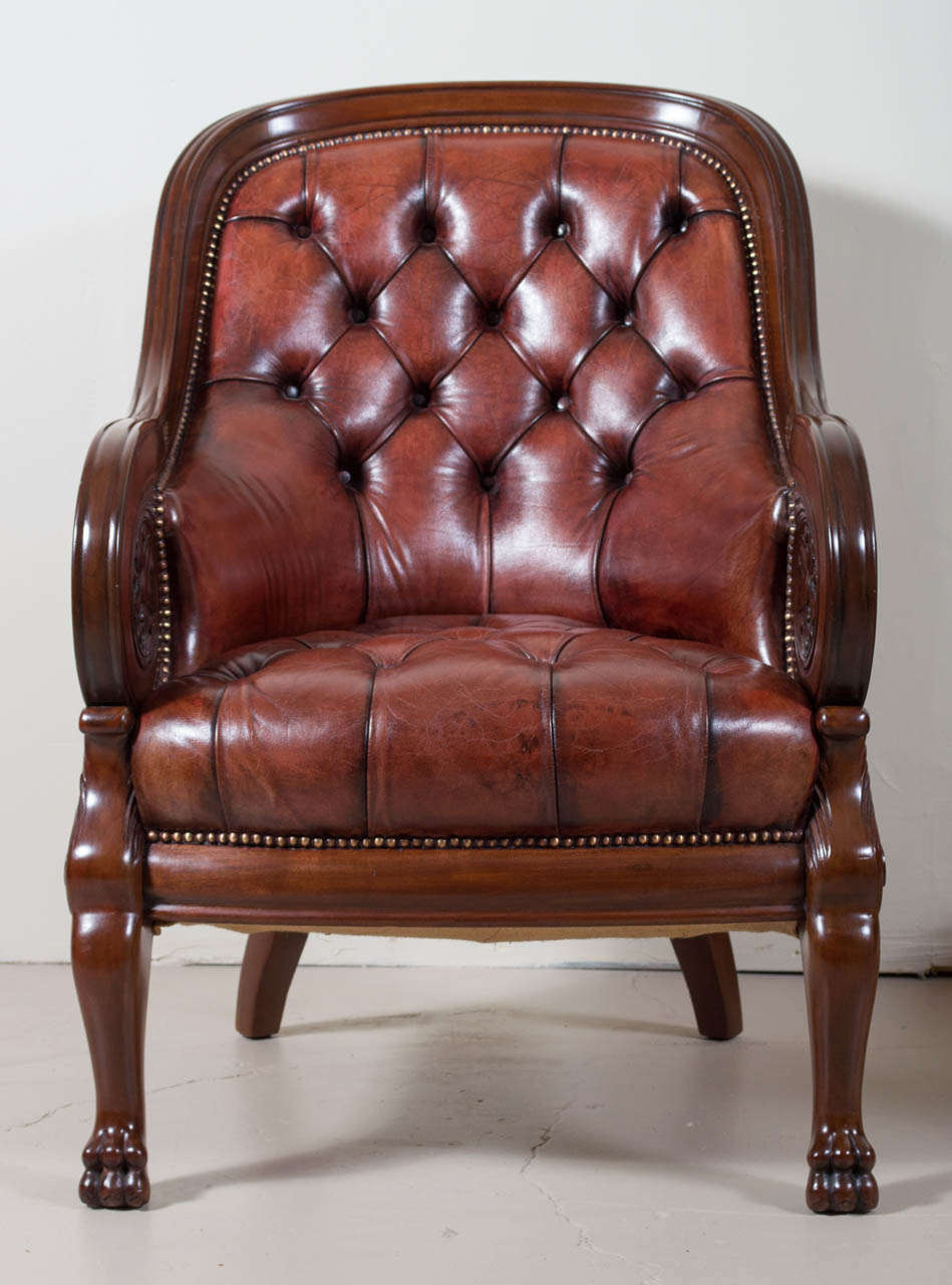 Pair of Tufted Leather Empire Style Armchairs In Excellent Condition In San Mateo, CA