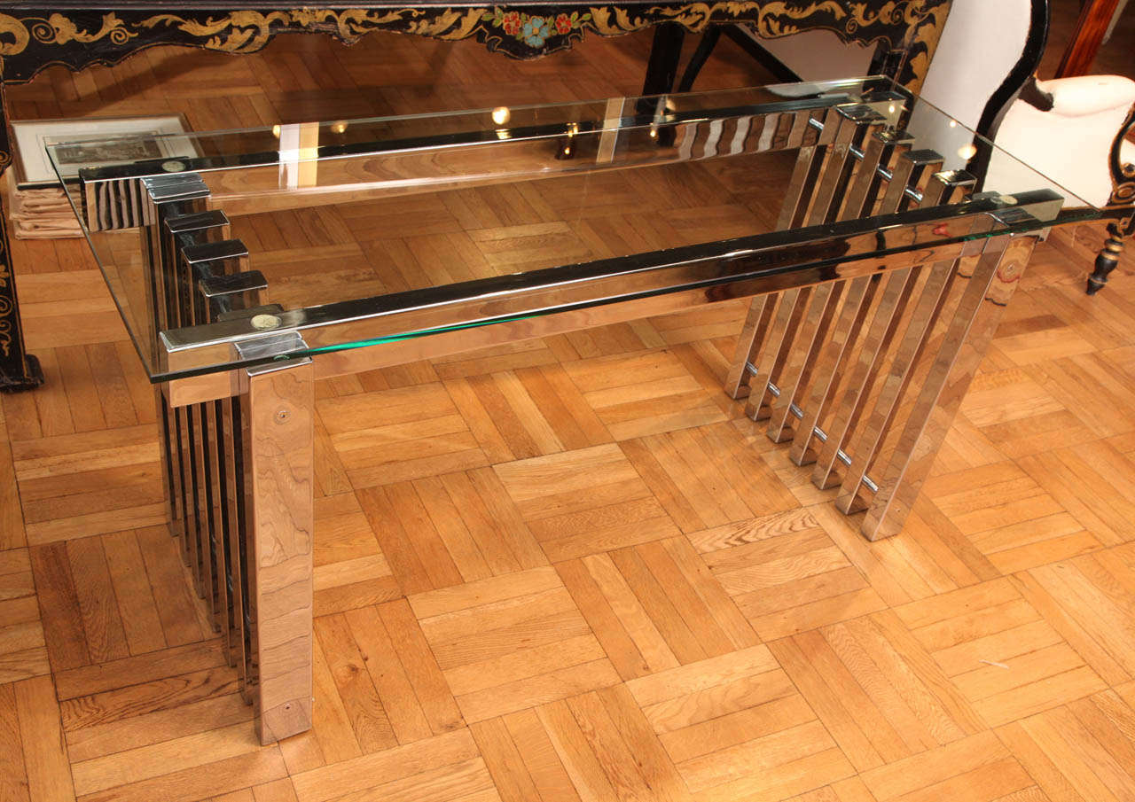 A Chrome Console Table with Glass Top, France 1970's 5