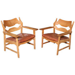 Danish Leather Armchairs Chairs by Henning Kjaernulf, Pair