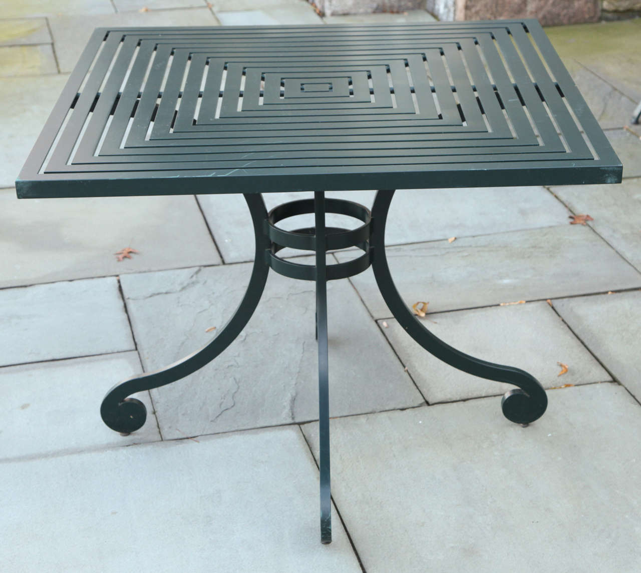 With Adam-style stop.  Handcrafted in dark green powder-coated aluminum by McKinnon and Harris of Virginia.  Three available.  Can be used together to form longer dining tables.  Note there are some scratches to tops.