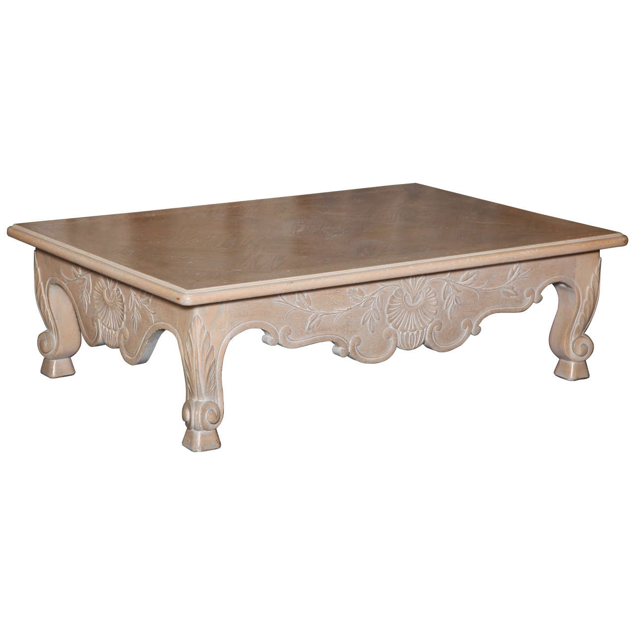 Large White-Washed Oak Baroque Revival Coffee Table