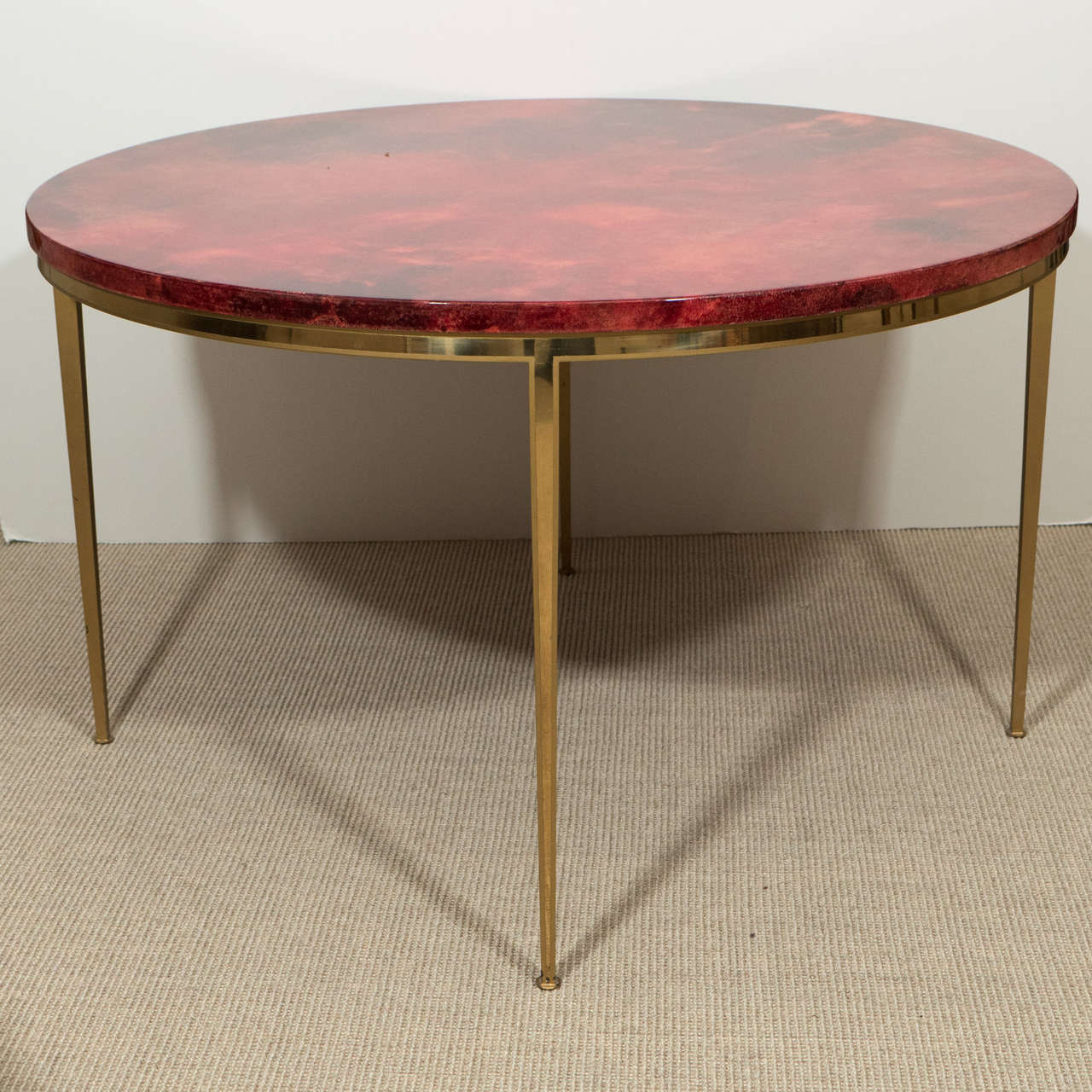Italian Aldo Tura Round Lacquered and Brass Table, Red Stained Parchment Top