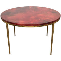 Italian Aldo Tura Round Lacquered and Brass Table, Red Stained Parchment Top