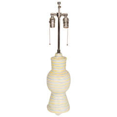 French Ceramic ‘Bon Fil’ Lamp in Yellow and Blue Line Design, France circa 1950s