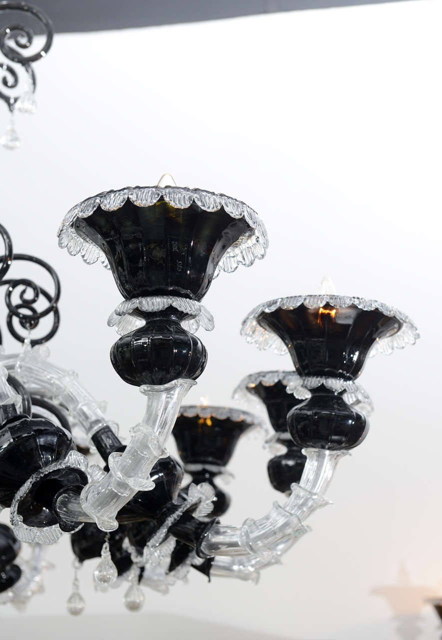 Rococo Monumental Venetian Black and Clear Glass 12-Arm Chandelier, Murano