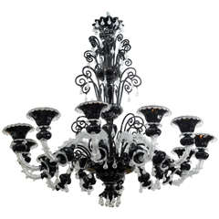 Monumental Venetian Black and Clear Glass 12-Arm Chandelier, Murano 1