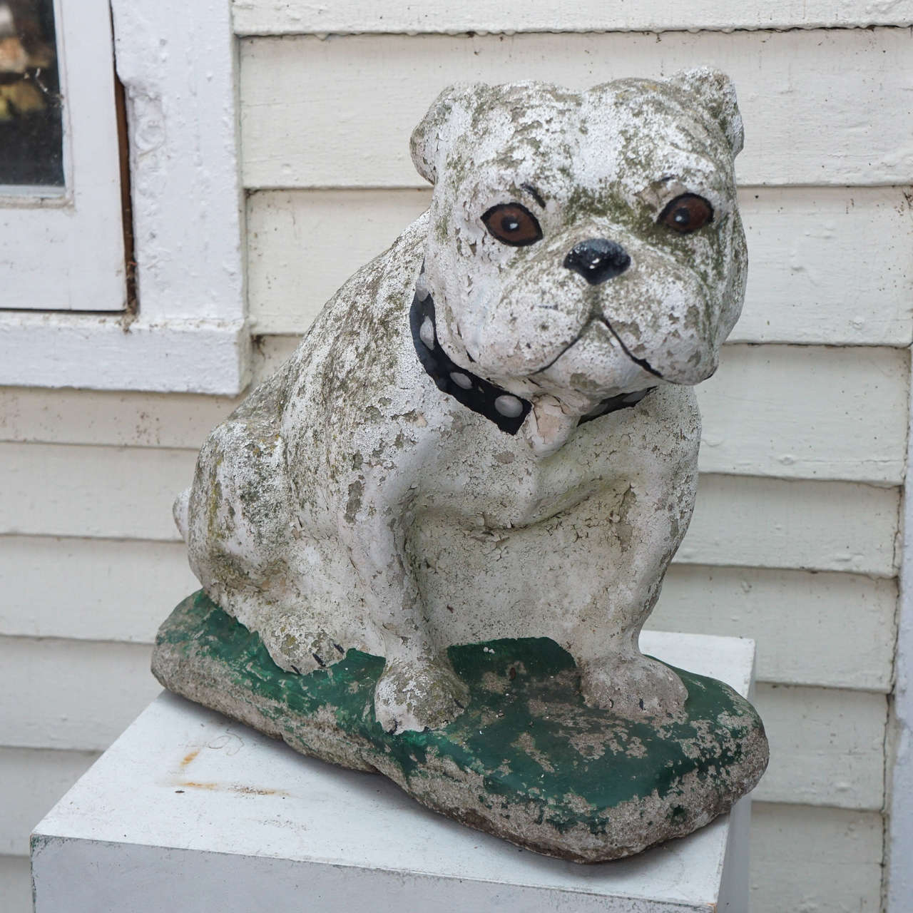 Cast cement English bulldog painted garden sculpture. Delightful dog seated and wearing a studded collar. Carved cement. Painted white English bulldog with black collar and big brown eyes and sitting on grass. Nicely weathered.