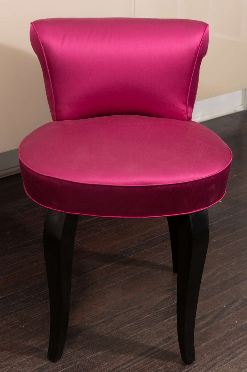 Vintage 1940s French vanity stool in hot pink satin and ebony leg.