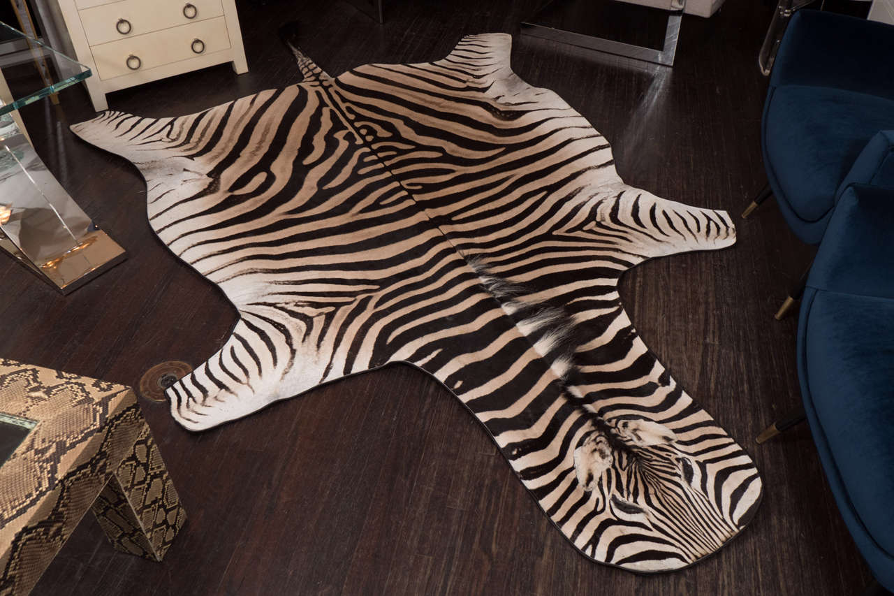 Zebra-Teppich mit schwarzer Filzunterlage und Lederpaspel. Jeder Teppich hat einzigartige Größen, Farbtöne und Muster.