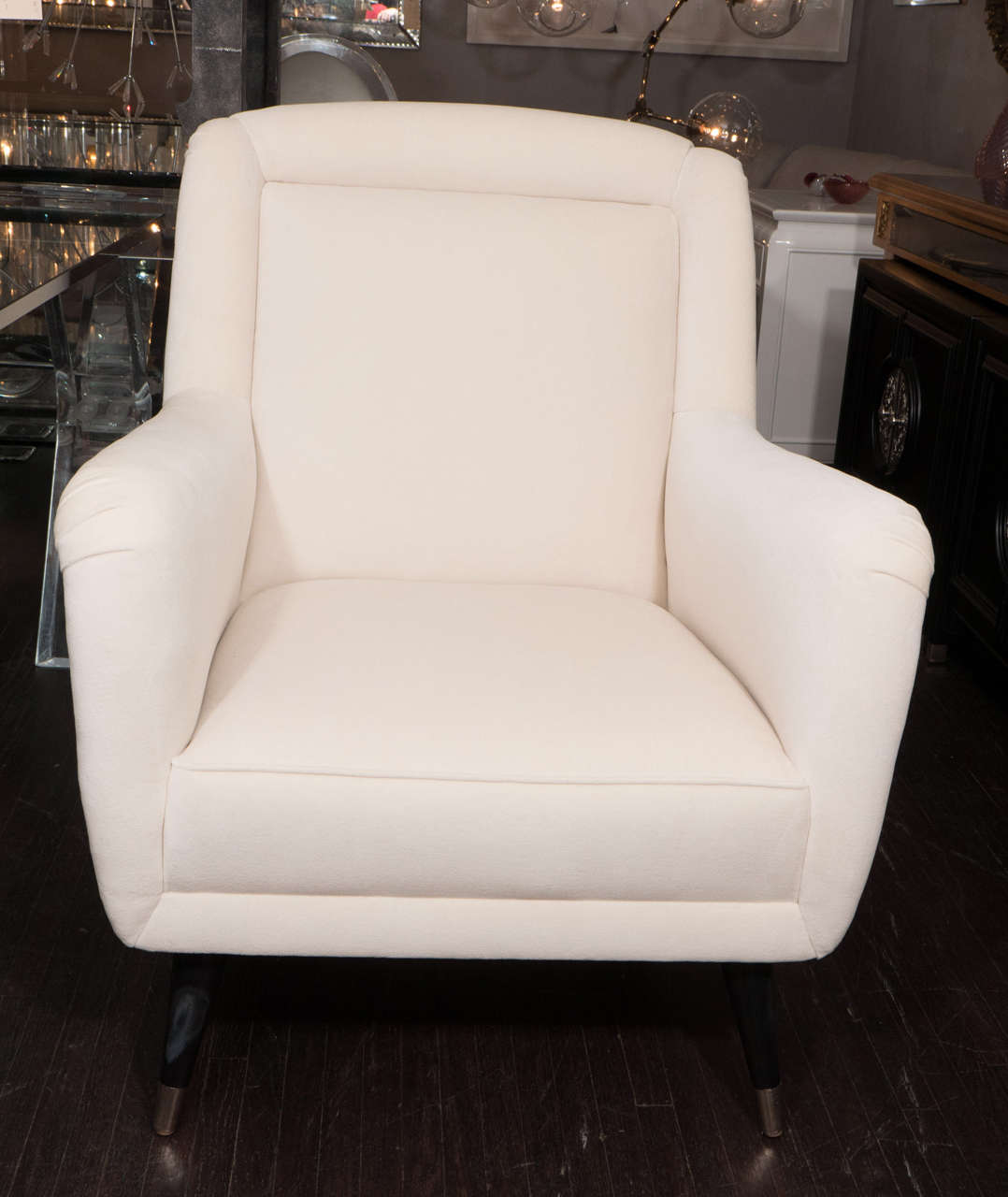 Pair of Mid-Century Italian club chairs in off-white cotton velvet.