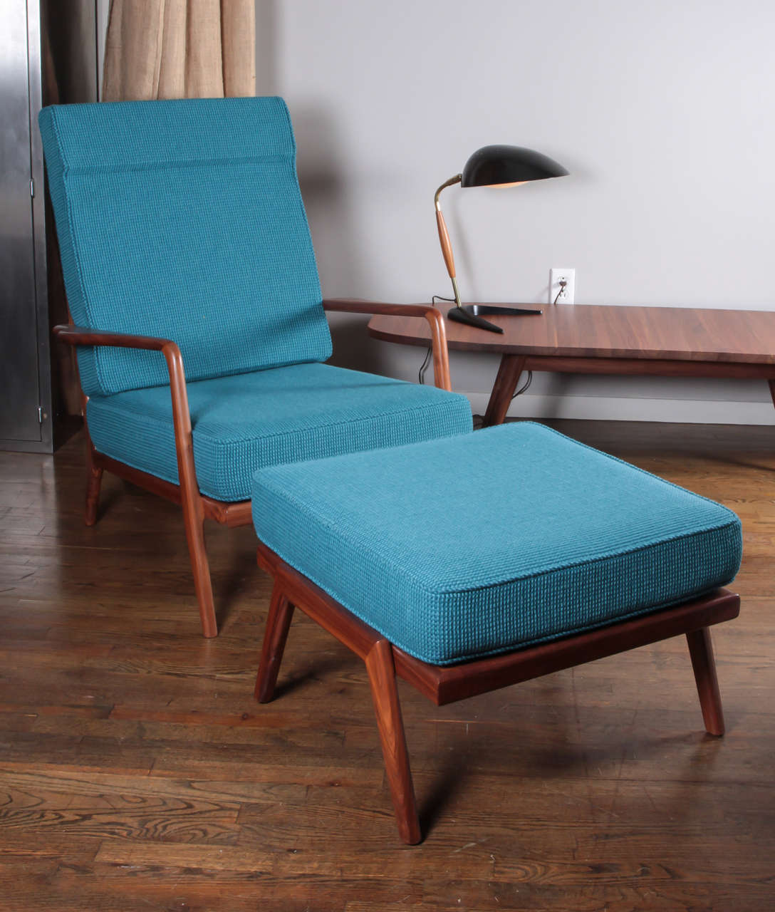 Vintage solid walnut framed lounge chair (ottoman is sold)  with upholstered seat and sculpted back cushions, by Mel Smilow, 1950. Price below is for individual chair with cushions in Knoll fabric.  Blue ottoman cushion comes with the chair but not