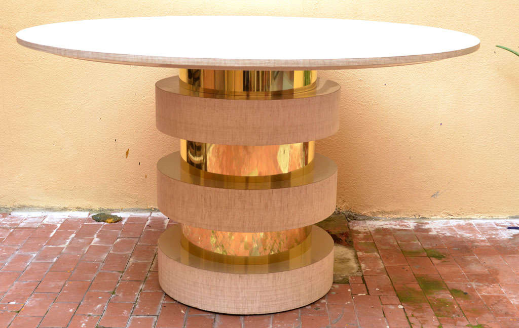 Round Table in Formica with Rafia Pattern and Brass
