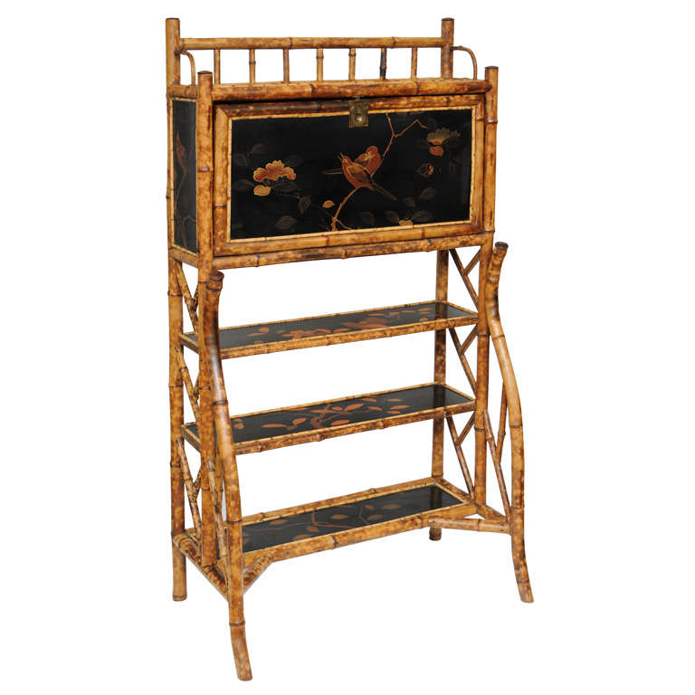 Superb English Bamboo desk with drop front "Bird & Foliate" design