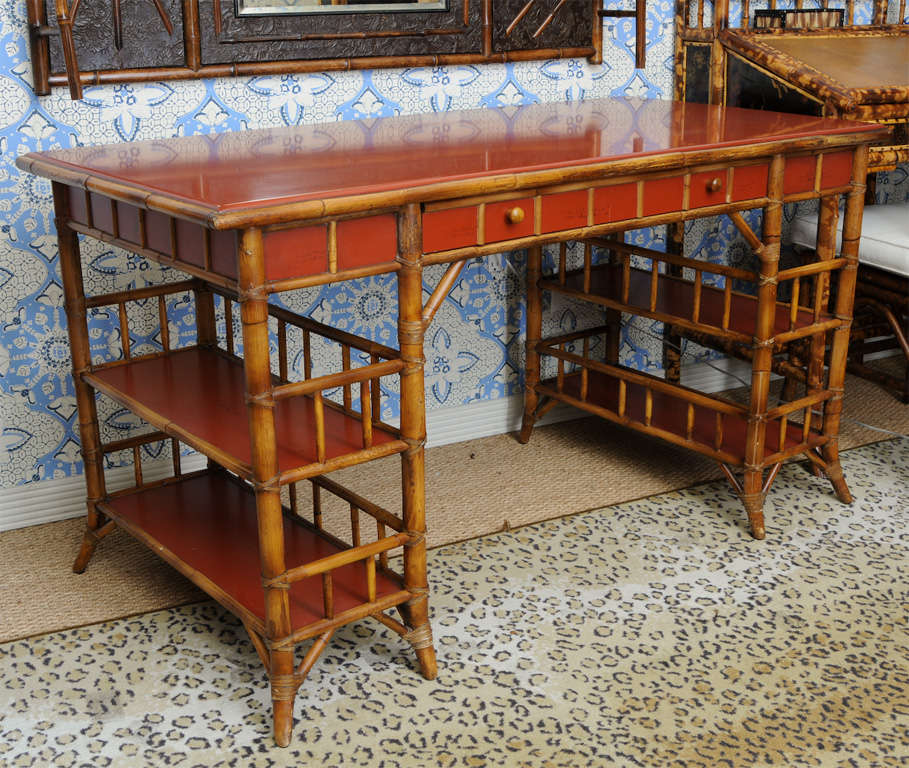 Bamboo Desk With Red Lacquer Top Labeled Milling Road At 1stdibs