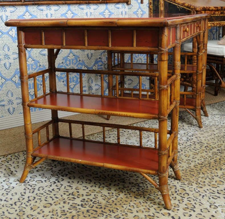 Bamboo Desk with Red Lacquer Top Labeled Milling Road at 1stDibs