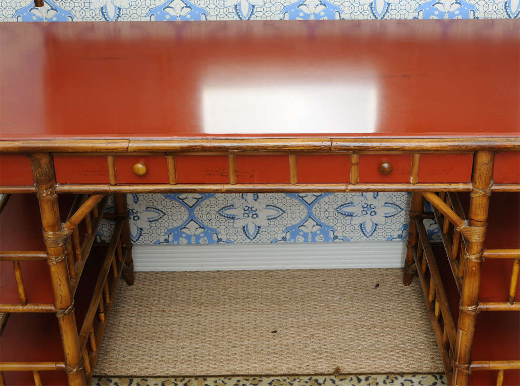 Bamboo Desk with Red Lacquer Top Labeled Milling Road at 1stDibs