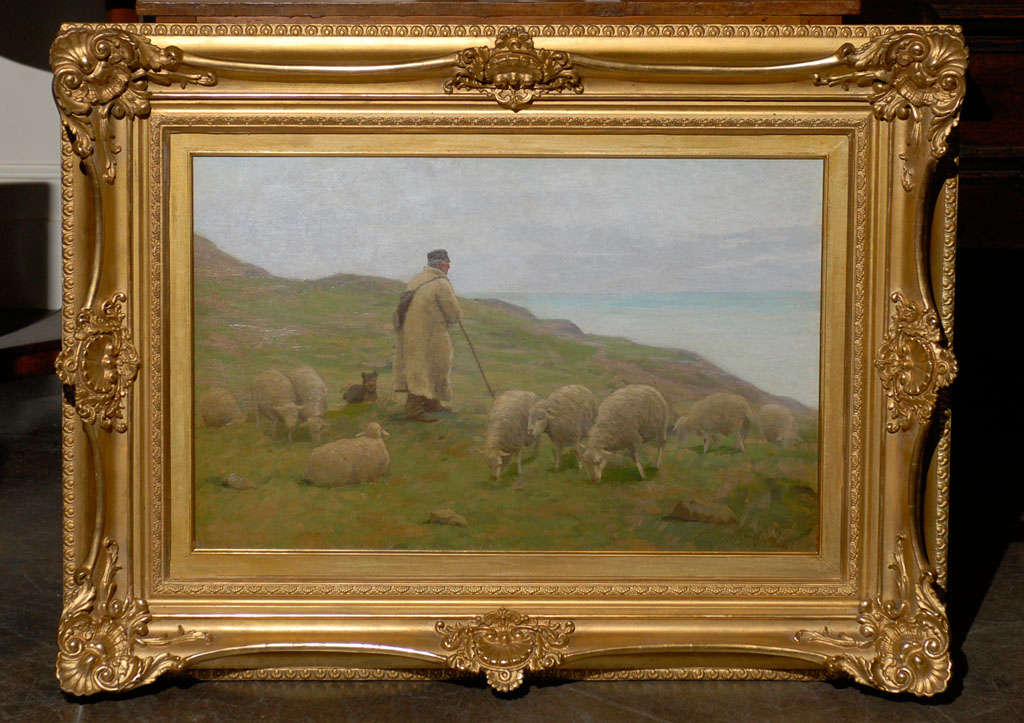 A rural oil on canvas framed sheep, shepherd and dog painting signed by American painter Gaylord Sangston Truesdell (1850 - 1899) in giltwood frame. Created in the second half of the 19th century, this oil on canvas painting features a serene rural