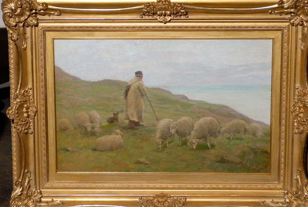 Rural Sheep and Shepherd Animal Oil on Canvas Painting by Gaylord Truesdell In Good Condition In Atlanta, GA