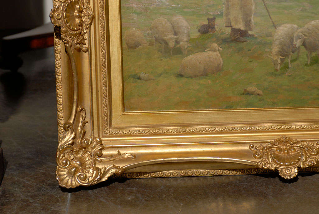 19th Century Rural Sheep and Shepherd Animal Oil on Canvas Painting by Gaylord Truesdell